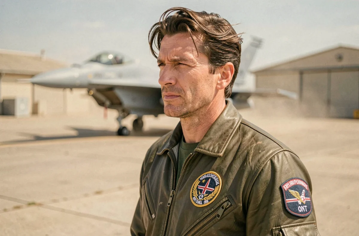 Pilote de chasse en blouson de vol militaire devant un avion de combat sur le tarmac d'une base aérienne, évoquant l'univers de Top Gun 3
