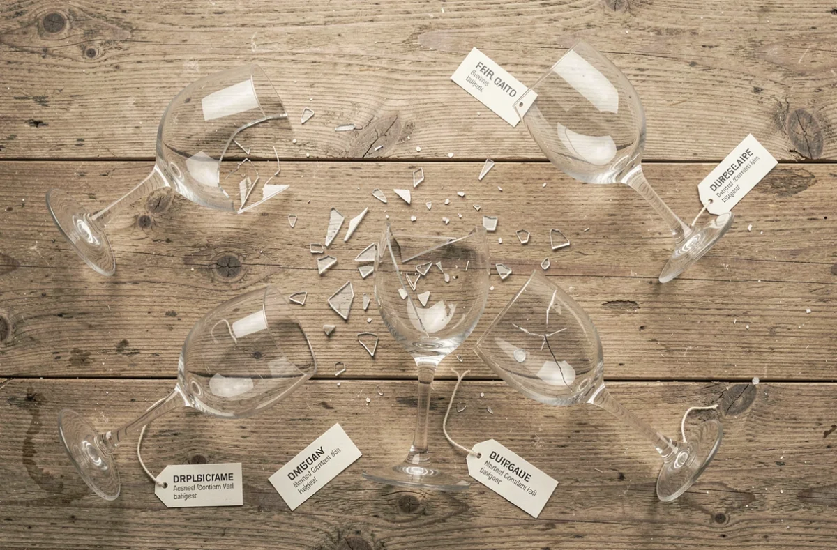 Plusieurs verres blancs brisés à différents degrés sur une table en bois, illustrant la répétition et ses significations symboliques distinctes