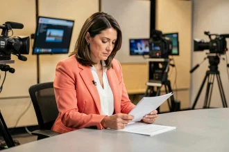 Présentatrice de télévision matinale en blazer coral révisant ses notes à un bureau de plateau avant un direct, ambiance coulisses de Télématin
