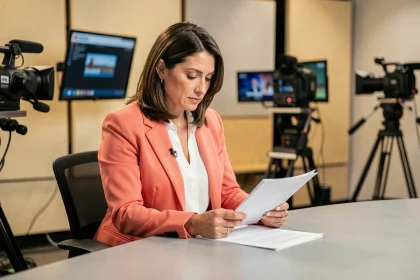 Présentatrice de télévision matinale en blazer coral révisant ses notes à un bureau de plateau avant un direct, ambiance coulisses de Télématin