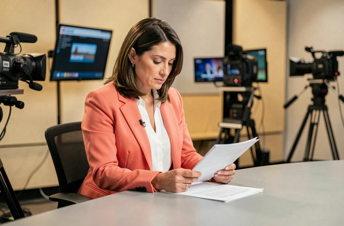 Présentatrice de télévision matinale en blazer coral révisant ses notes à un bureau de plateau avant un direct, ambiance coulisses de Télématin