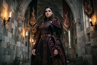 Jeune femme en costume fantasy sombre et broderies cramoisies dans un couloir de château gothique évoquant la princesse des flammes noires