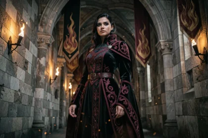 Jeune femme en costume fantasy sombre et broderies cramoisies dans un couloir de château gothique évoquant la princesse des flammes noires