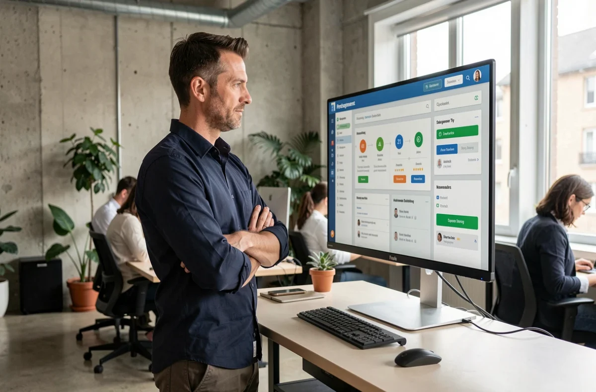 Professionnel évaluant une plateforme de gestion et d'avis comme Jingoo dans un espace de coworking moderne