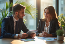 Professionnels en réunion d'affaires avec tablette et documents