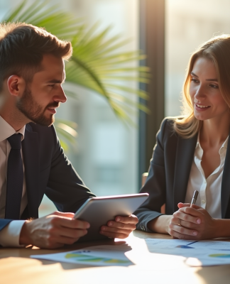 Professionnels en réunion d'affaires avec tablette et documents