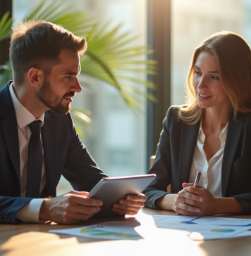Professionnels en réunion d'affaires avec tablette et documents