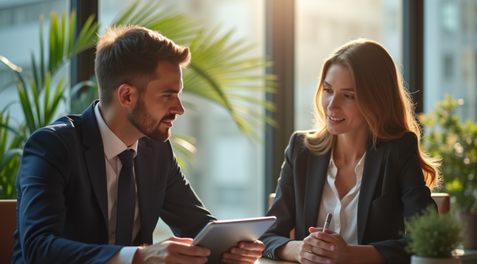 Professionnels en réunion d'affaires avec tablette et documents