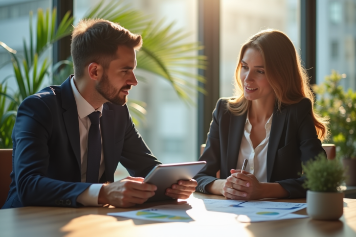 professionnels-investissement-table Professionnels en réunion d'affaires avec tablette et documents