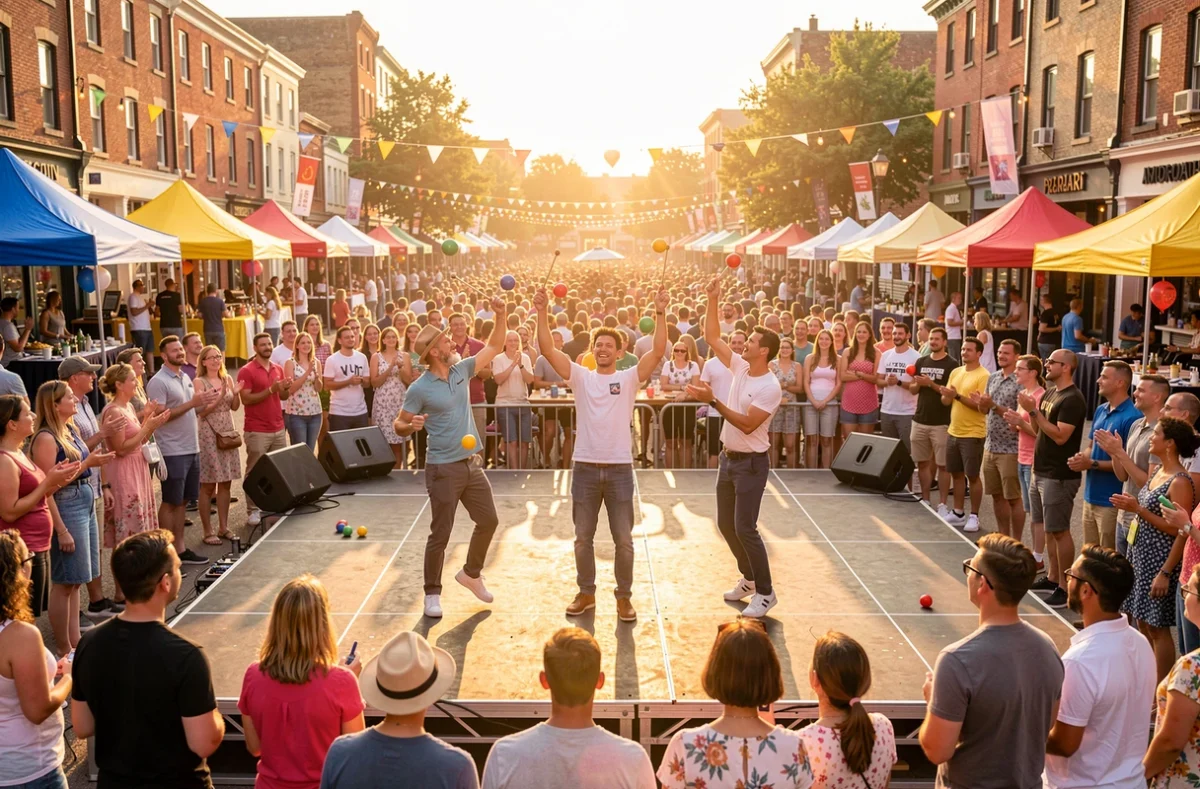 Public devant un spectacle de rue lors d'un festival