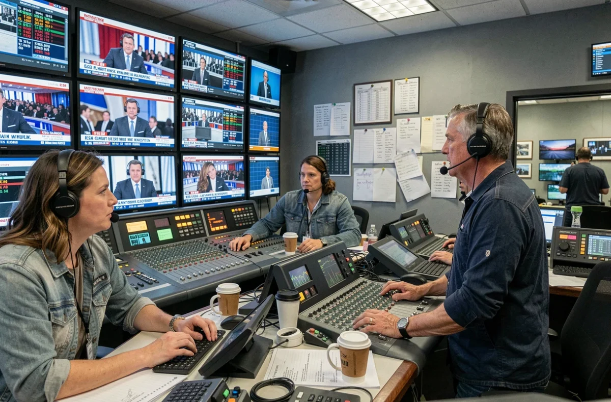 Équipe de production en régie télévisée durant une émission matinale en direct, écrans de contrôle et opérateurs sous pression dans les coulisses