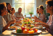 Groupe de personnes partageant un repas coloré et sain