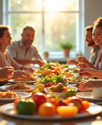 Groupe de personnes partageant un repas coloré et sain