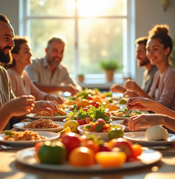 Groupe de personnes partageant un repas coloré et sain
