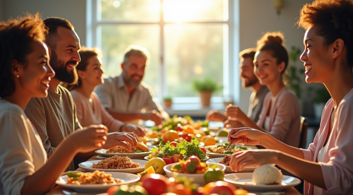 Groupe de personnes partageant un repas coloré et sain
