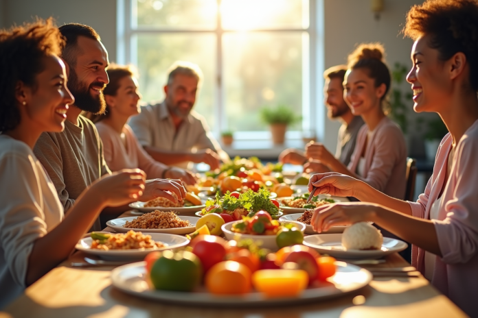 repas-sante-groupe-divers Groupe de personnes partageant un repas coloré et sain