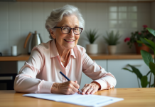 Prêt viager hypothécaire : conditions et obtention facile Femme âgée signant un document d'hypothèque dans une cuisine lumineuse