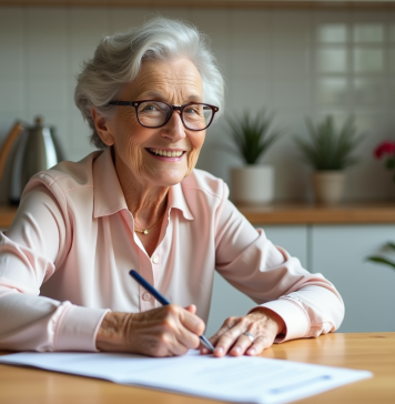 Prêt viager hypothécaire : conditions et obtention facile Femme âgée signant un document d'hypothèque dans une cuisine lumineuse