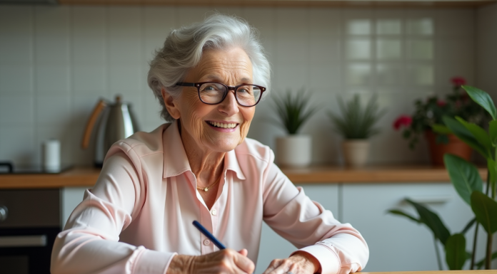 Femme âgée signant un document d'hypothèque dans une cuisine lumineuse