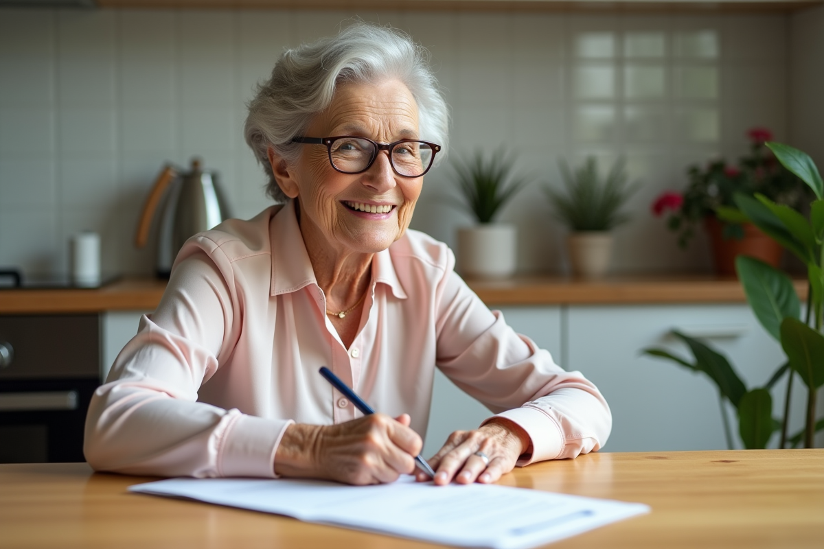 Femme âgée signant un document d'hypothèque dans une cuisine lumineuse