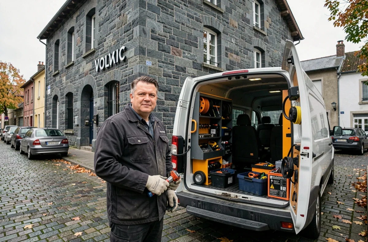 Serrurier en intervention devant un immeuble en pierre de Volvic à Clermont-Ferrand