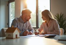 Couple signant un contrat de prêt immobilier dans un bureau lumineux