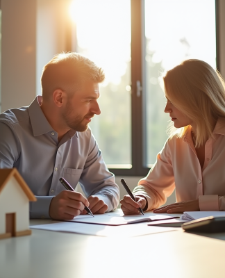 Couple signant un contrat de prêt immobilier dans un bureau lumineux