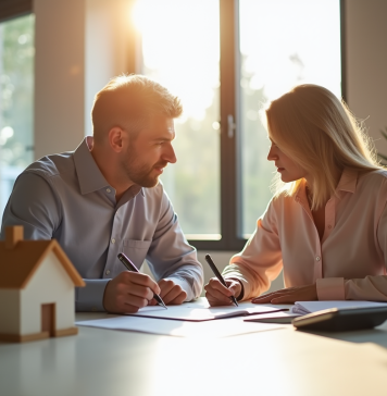 Couple signant un contrat de prêt immobilier dans un bureau lumineux