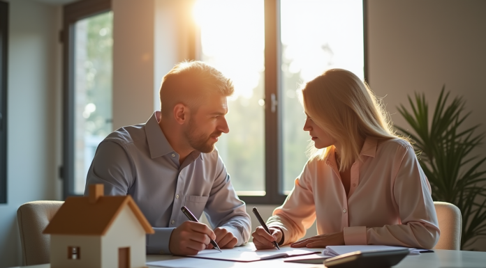Couple signant un contrat de prêt immobilier dans un bureau lumineux