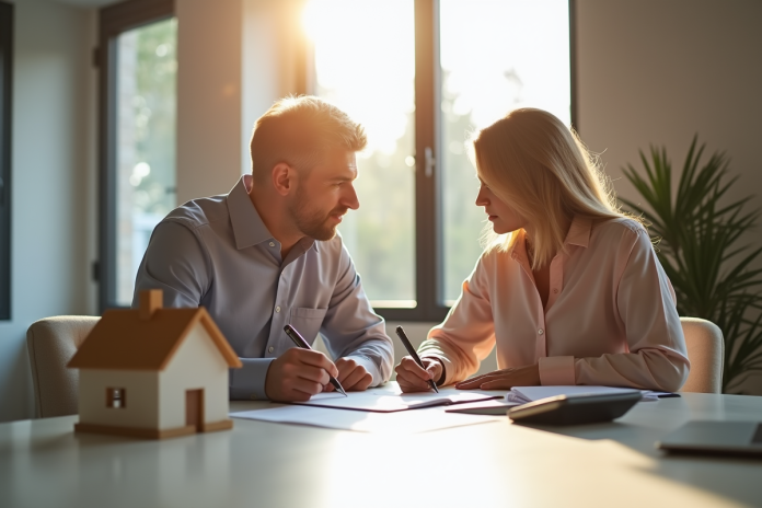 signature-pret-immobilier Couple signant un contrat de prêt immobilier dans un bureau lumineux