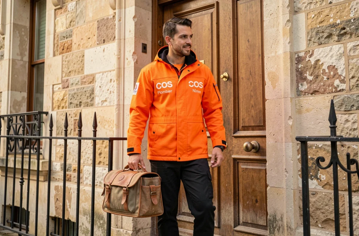 Un plombier urgentiste de SOS Plombier Nîmes arrive devant une maison en pierre avec son sac d'outils pour une intervention d'urgence.