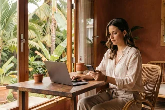 Femme en télétravail consultant l'heure sur son ordinateur depuis un bureau à domicile en Nouvelle-Calédonie