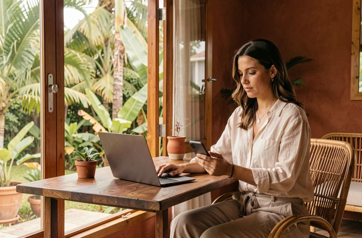 Femme en télétravail consultant l'heure sur son ordinateur depuis un bureau à domicile en Nouvelle-Calédonie