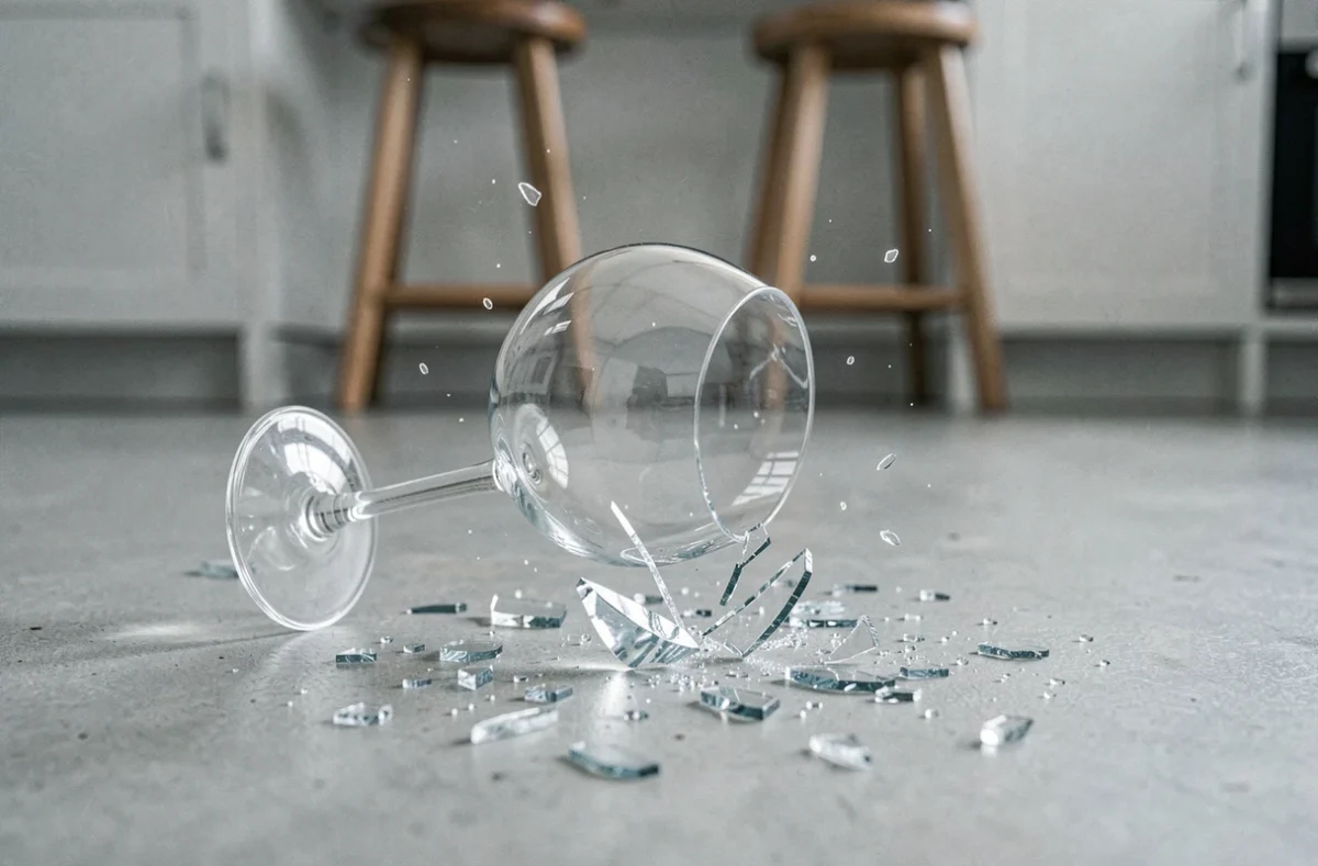 Verre blanc brisé en éclats sur un sol en béton gris, symbolisant l'accident unique et son interprétation symbolique