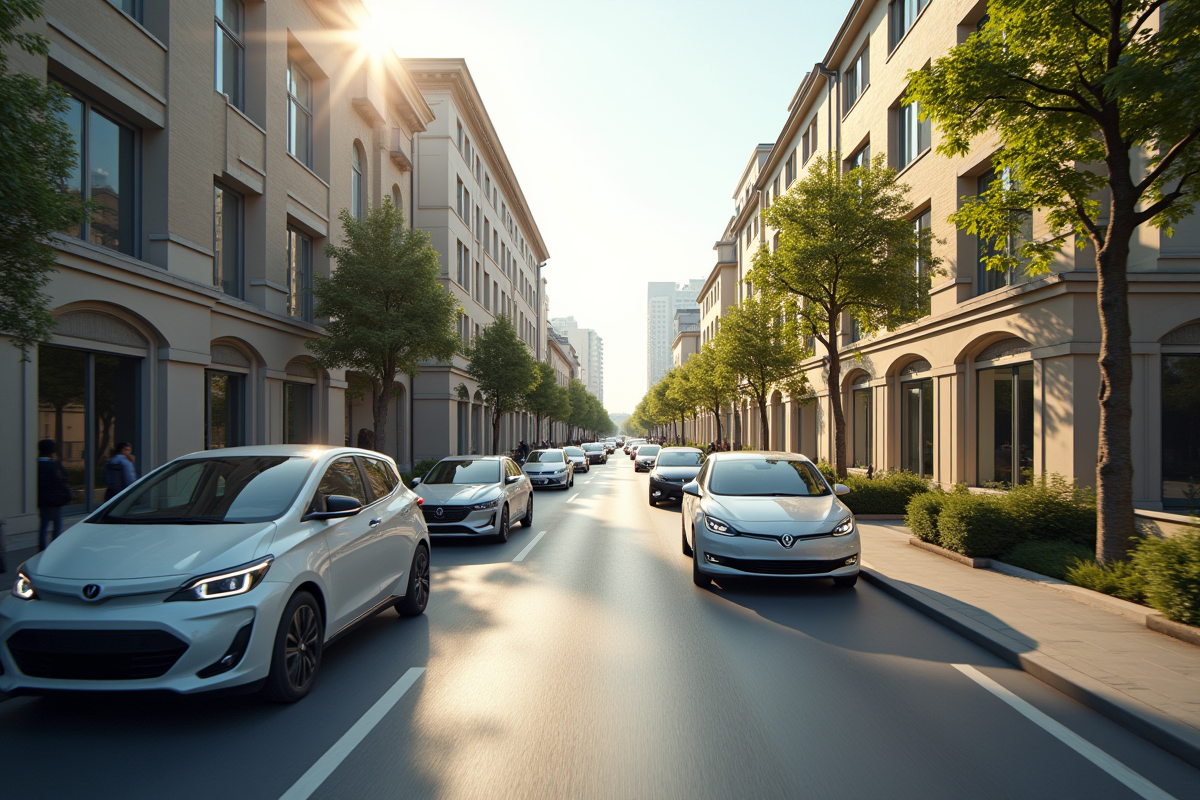 Rue urbaine futuriste en France avec voitures électriques