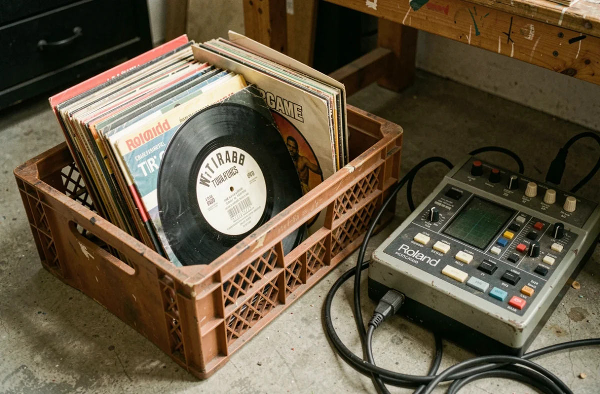 Caisses de vinyles et boîte à rythmes Roland TR-909 posées sur un établi dans un home studio, symboles de l'histoire matérielle de la musique techno entre Detroit et Berlin